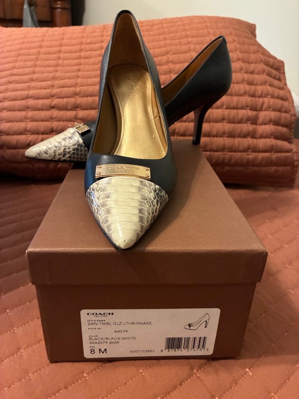 Zan  Style No. A4579  Black Pumps with White Snake-Texture Cap Toe